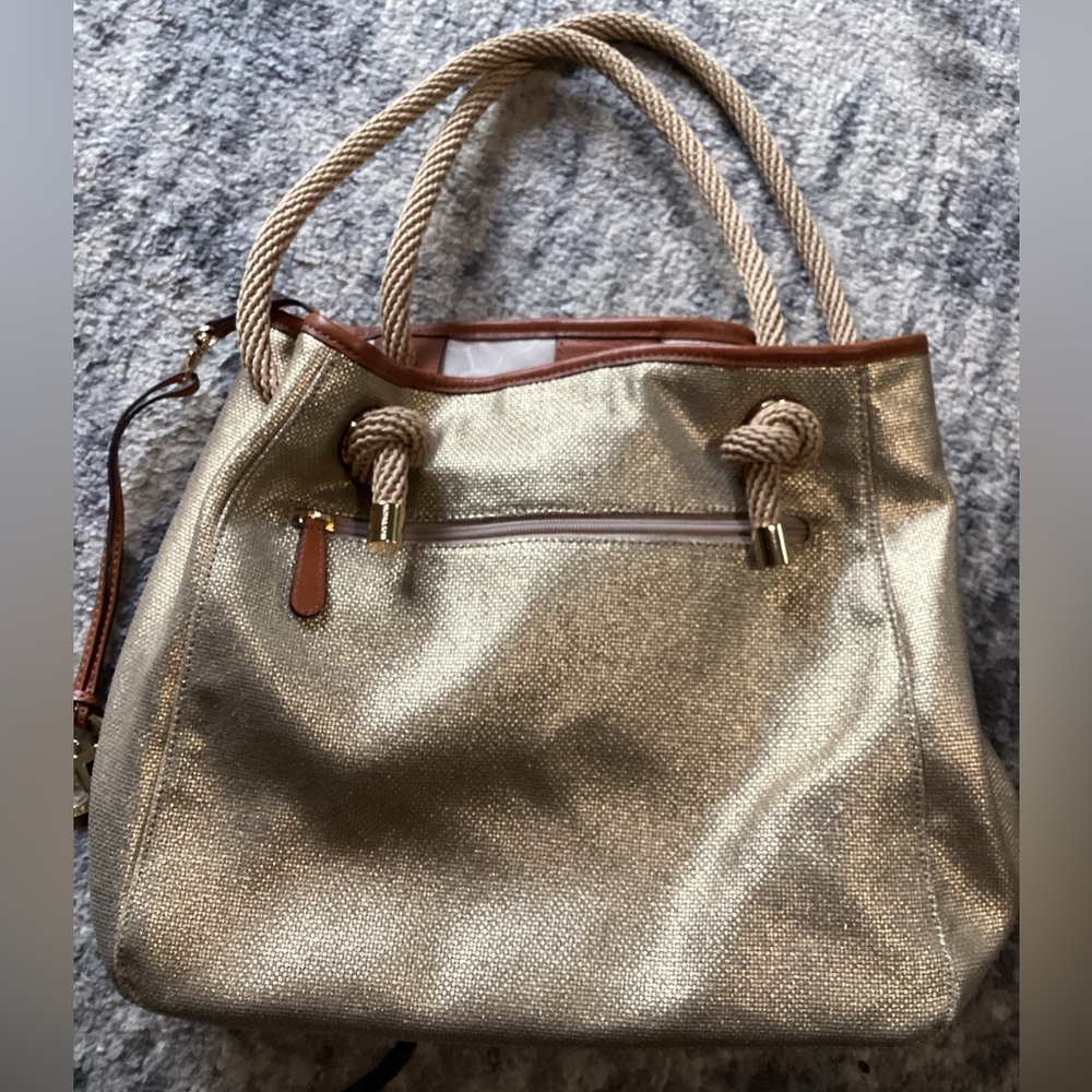 MICHAEL Michael Kors Bag, Marina Gold Metallic Canvas, Brown Leather Trim Rope